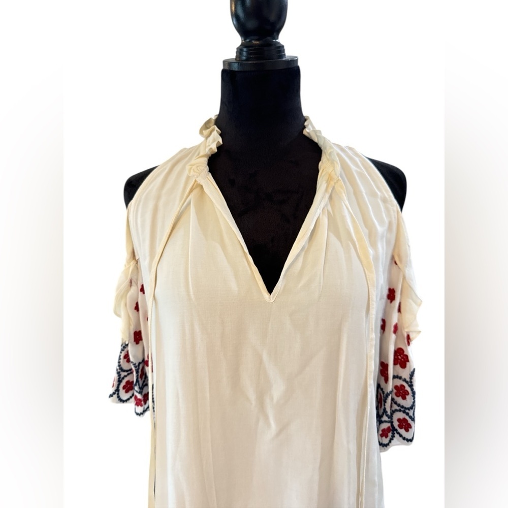 Saks Fifth Avenue Cream Embroidered Cold Shoulder Dress Boho Peasant Tunic Sz M - Picture 6 of 11